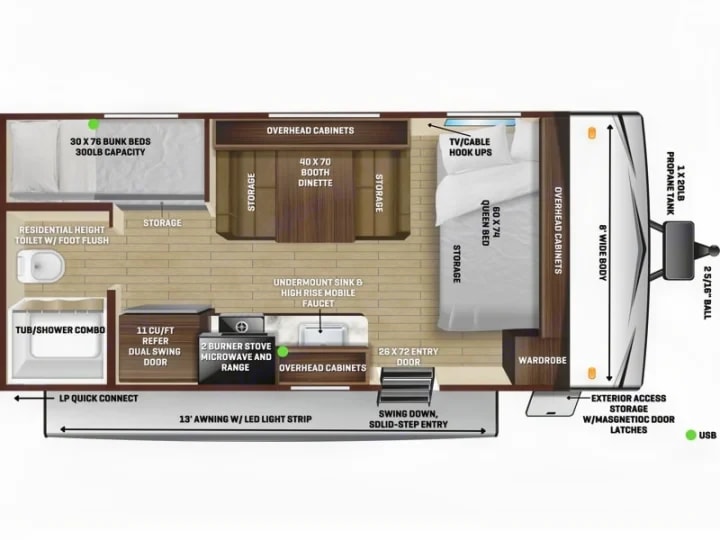Floor plan diagram showing the layout of beds, dinette, kitchen, and bathroom