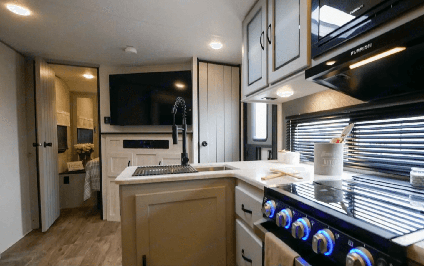 Galley kitchen with a three-burner range
