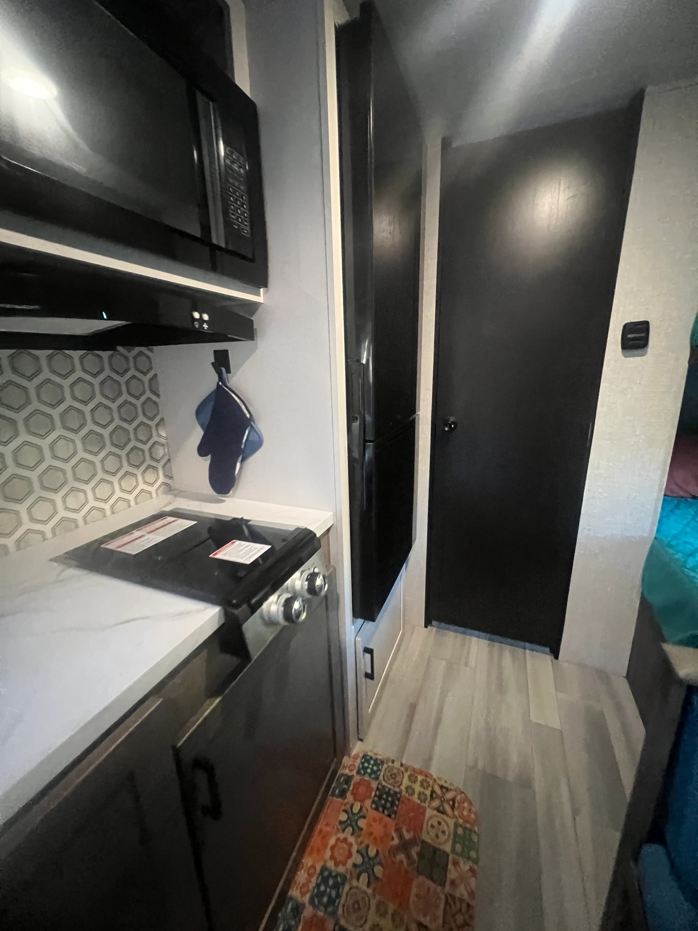 Cooktop and microwave beside the bathroom door, patterned runner underfoot