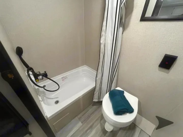 Bathroom tub and shower with handheld sprayer and striped curtain