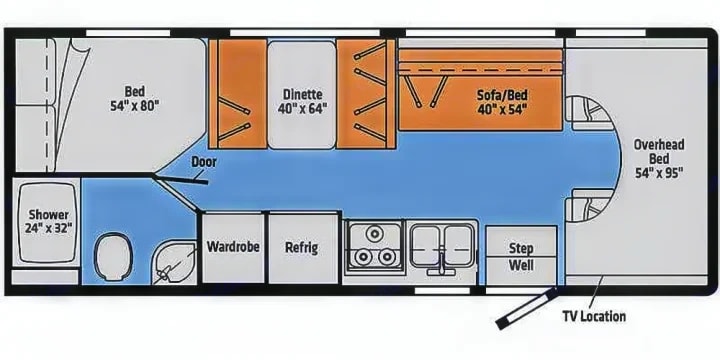 Floorplan diagram showing the bed, dinette, sofa bed, kitchen and bathroom layout